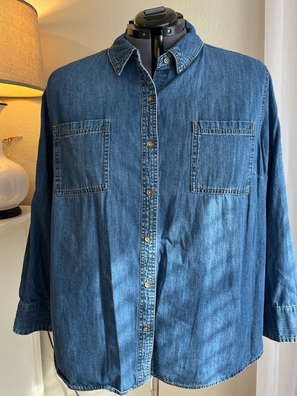 Universal Standard Classic Cotton Denim Button-Up Shirt - Blue